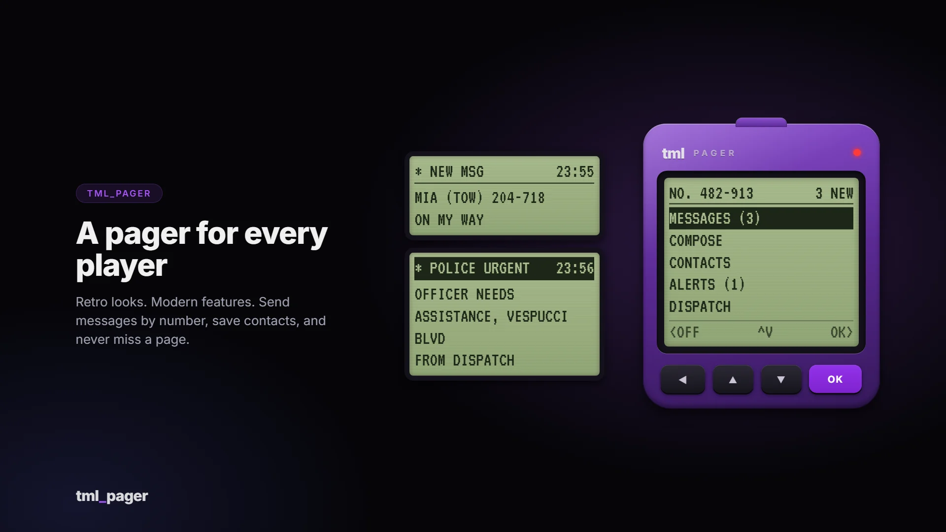 The tml pager: a purple retro pager with a green LCD showing the main menu